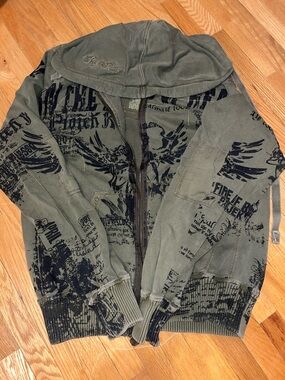 Affliction Olive Green Graphic Zip Hoodie with Black Print